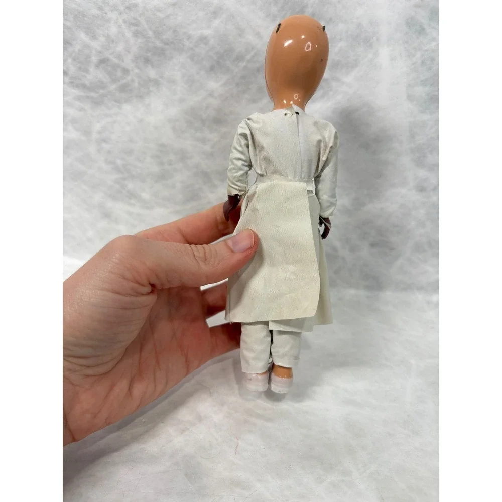 Vintage Composition Doll Blue Eyes White Nurse Gown 7.5 Inch Hand Painted Face